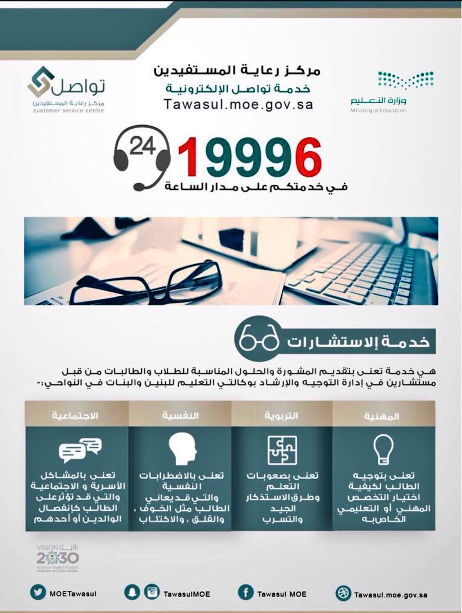 stu_guide's tweet photo. 📌 للطلاب والطالبات

    خدمة الاستشارات :

  هي خدمة تعني بتقديم المشورة والحلول المناسبة للطلاب والطالبات من قبل مستشارين في إدارة الإرشاد بوكالة الوزارة للأداء التعليمي وفي خدمتكم على مدار الساعة من خلال الرقم" 19996 “.

#الإرشاد_الطلابي 
. https://t.co/CeDxaNirnj