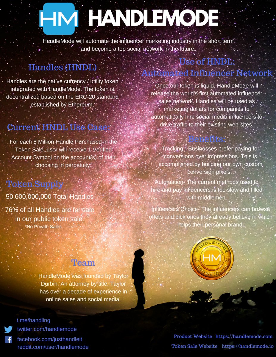 HandleMode's tweet image. Handle Tokens can be used today to receive a verified symbol on HandleMode in perpetuity. These symbols will be in hot demand once our automated influencer sales network is released. 

#crypto #influencermarketing #socialmedia #decentralized #ico #preico #handling #handles $hndl