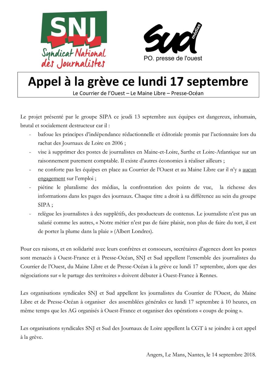 ClaraSchmelck's tweet image. .@OuestFrance n'aura bientôt plus de rédactions à Angers, Le Mans, Cholet, La Flèche et Sablé-sur-Sarthe. 73 postes devraient être supprimés et les personnes en CDD ne verront pas leur contrat reconduit. Le @SNJ_national et Sud appellent à la grève lundi 17 septembre. #presse