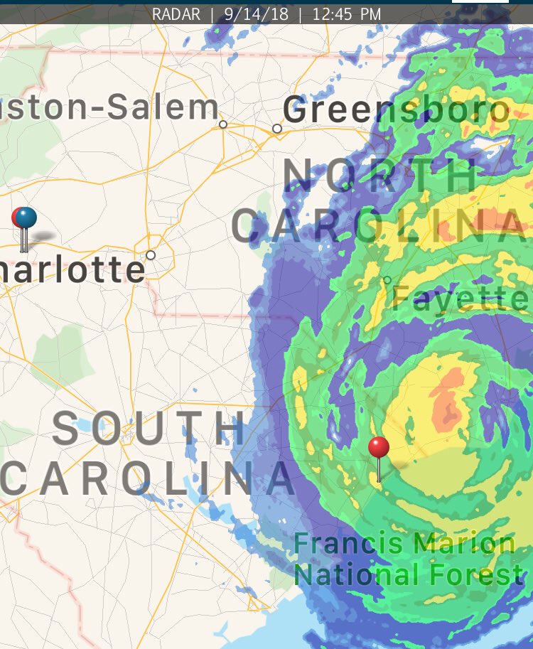 TheDeeDeeB's tweet image. Continued prayers for the Carolinas especially my friends at the coast! I am the blue dot to the right which is about 220 miles from the center.  This thing is a monster storm. #FlorenceHurricane2018 #HurricaneFlorence #PrayersforNC #Hurricane #FloodWatch