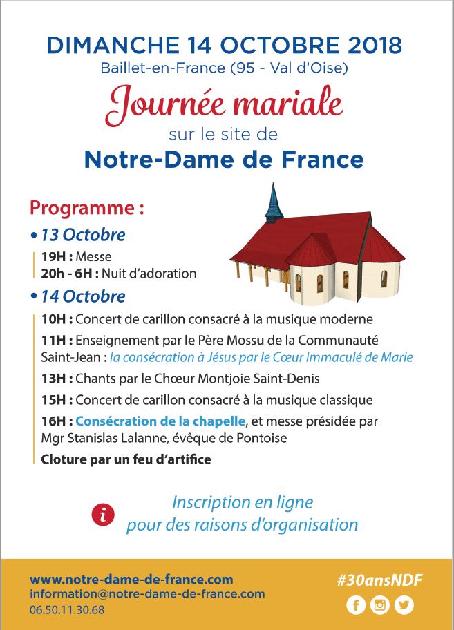 Journée du 14 octobre 2018 à Baillet-en-France, demandez le programme ! C'est dans un mois, RV aux 30 ans de Notre-Dame-de-France. #30ansNDF Inscrivez-vous en ligne pour faciliter l'organisation, merci d'avance. notre-dame-de-france.com/inscription-a-…