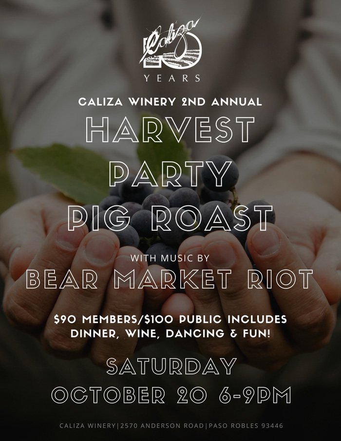Harvest Wine Weekend in Paso Robles - Caliza is having an epic Pig Roast! Join us for great wine, food and live music 10/20 6pm! #pasowine #Caliza10 #pasorobles calizawinery.com/events/2018-Ha…