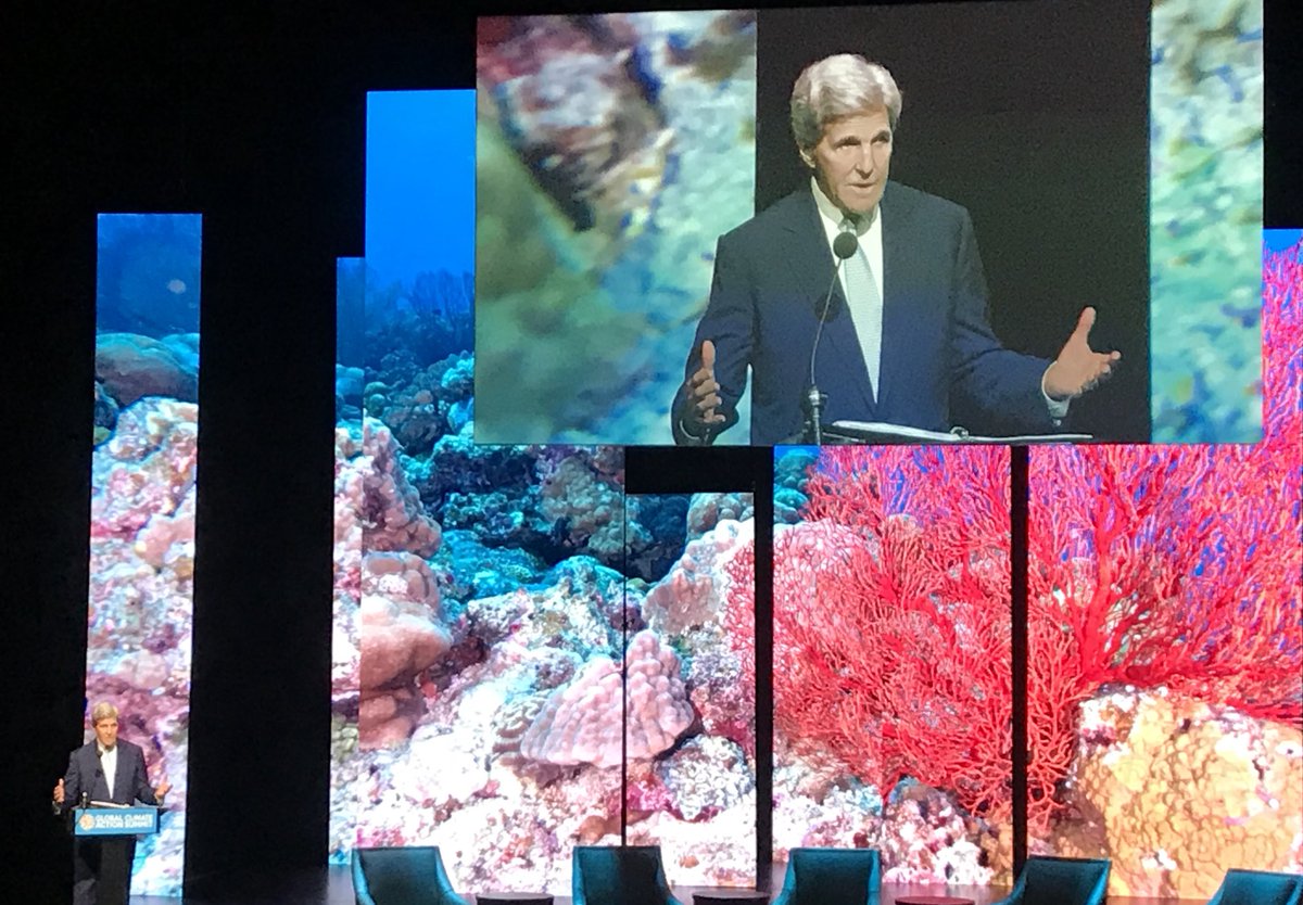 UCSBenioffOcean's tweet photo. This is a race against time. This is a matter of survival. The ocean is where life comes from. Over 50% of our air comes from the ocean and if we pollute it to death, we are killing ourselves — @JohnKerry at #GCAS2018 #OceanClimateAction https://t.co/YfQ4r5gFL6