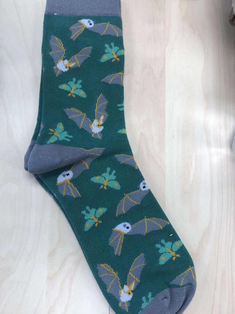 Dr_Akito's tweet photo. Perhaps one of the enjoyments of being a scientist is when your research ends up as clothing theme and you didn’t know about it until its online. Bat-Luna moth socks! Socks show that bats largely fail to capture lunas, as our studies have shown. Based on #collabwork w/@BarberLab https://t.co/p0ajlUNsQk