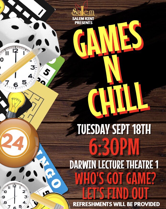 SalemKent's tweet photo. **UPDATE** On Tuesday 18th of September, we are hosting #GAMESNCHILL , our first event of the year in DLT1 at 6:30PM!! ARE YOU READY TO HAVE SOME FUNNNN!!!! #ukc #salem #kent #canterbury #salemkent #freshers #freshersweek https://t.co/ZmfHPCSQw2