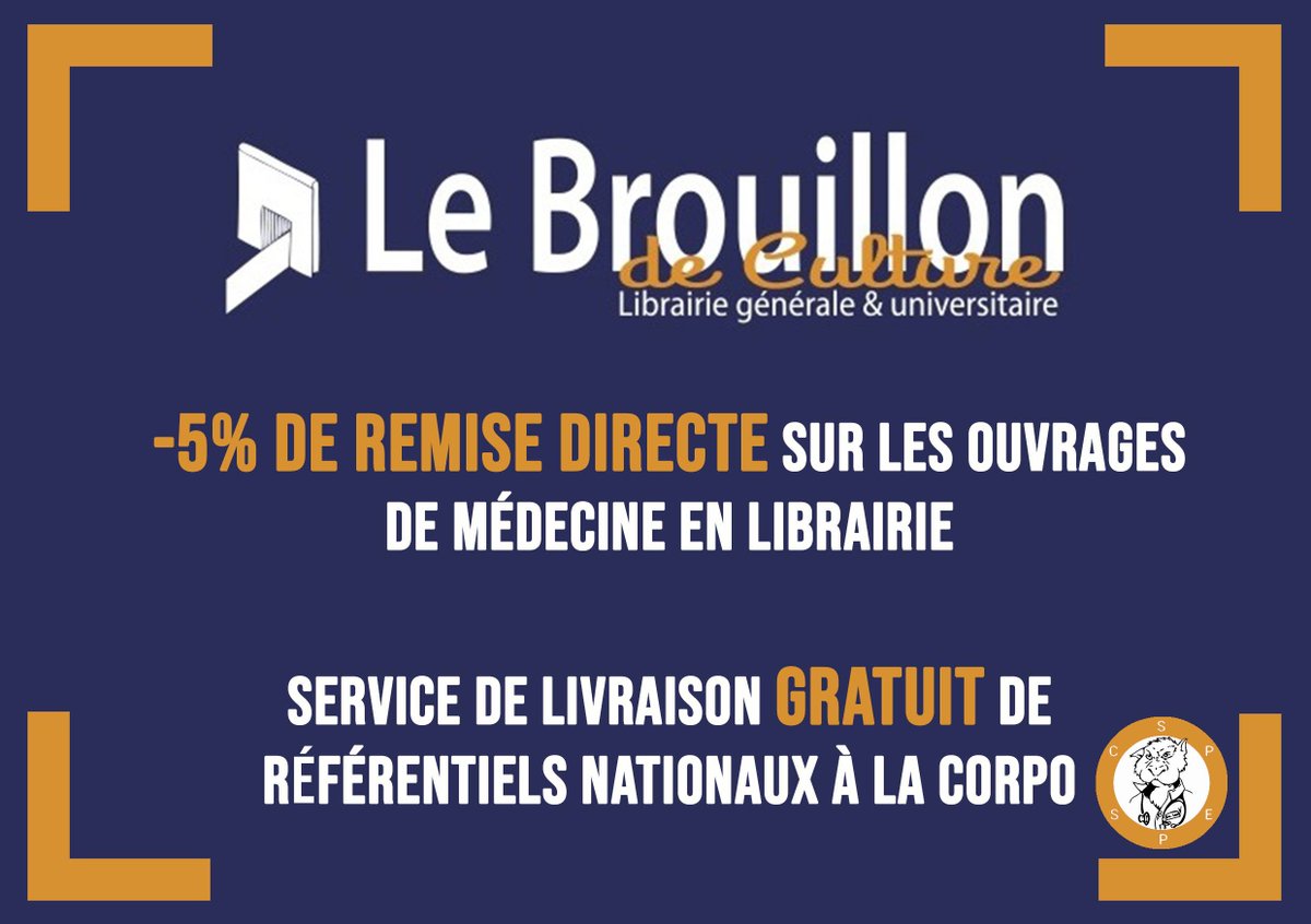 #Partenariats | Nous continuons notre tour des #partenaires de la Corpo ! 

Quels #avantages pour nos #adhérents ? 

Cette semaine, le Brouillon de Culture : -5% de remise directe sur les ouvrages de médecine 📚
Et la commande de #collèges disponible avec livraison au local 📚
