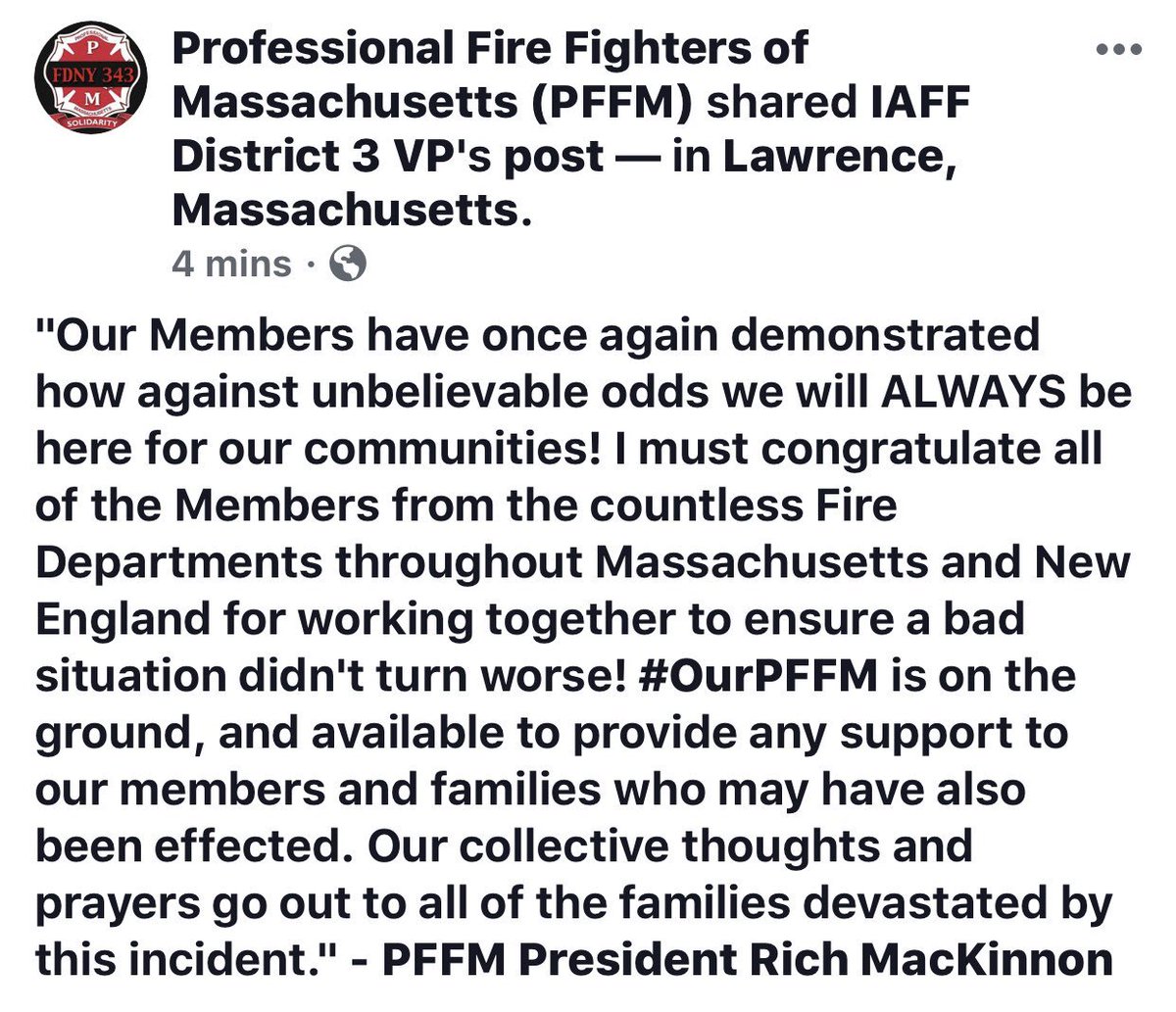 THE_PFFM's tweet photo. #OurPFFM & #iaff3rddist Leadership just arrived back from Colorado where they planned to attend the #IAFFFallenFF Memorial. They are currently on the ground in #Lawrence in support of our members working the massive mutual aid incident. https://t.co/1mh3DZ19PR