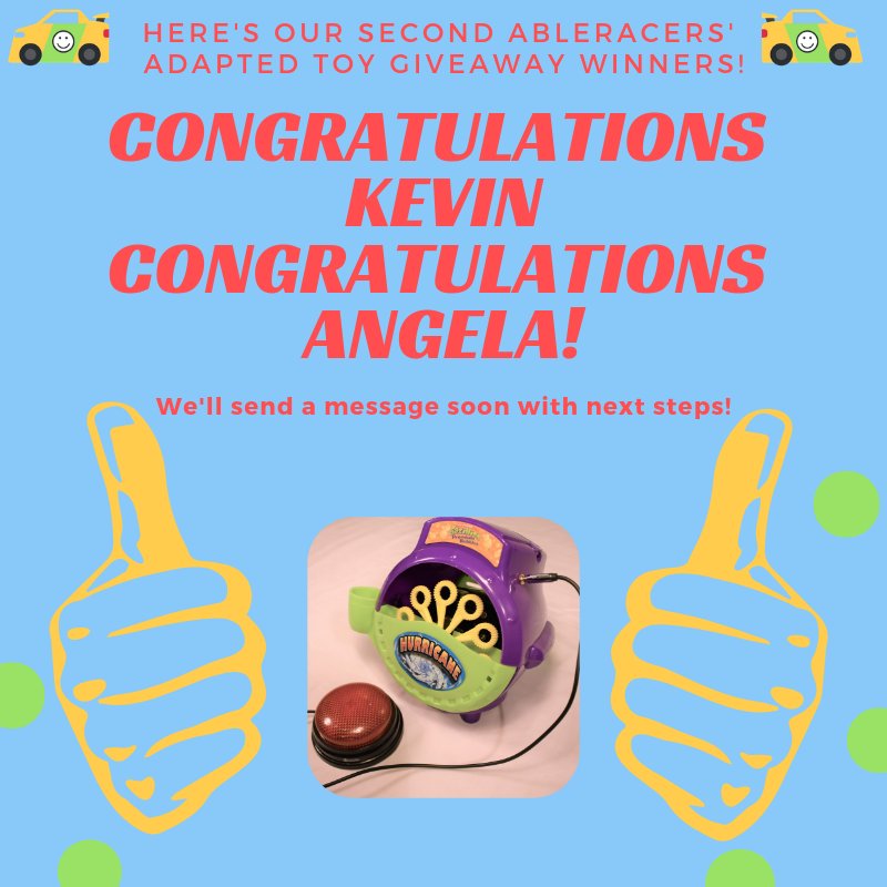 AbleRacers's tweet photo. Congratulations Kevin (@kevinh0461) and Angela (@HoneyBeesNTrees)! You are our second AbleRacers Adapted toy #giveaway winner! We will send you a message later today with next steps. We will announce the next winners at 2pm today! #AdaptedToys #Disabilities #InclusiveToys https://t.co/a0ZkT0fi7i