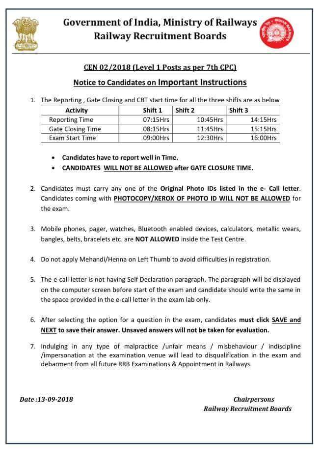 ExamAttack's tweet photo. #RRB Notice regarding Important Instructions for Group D Exam https://t.co/B617yuApfF