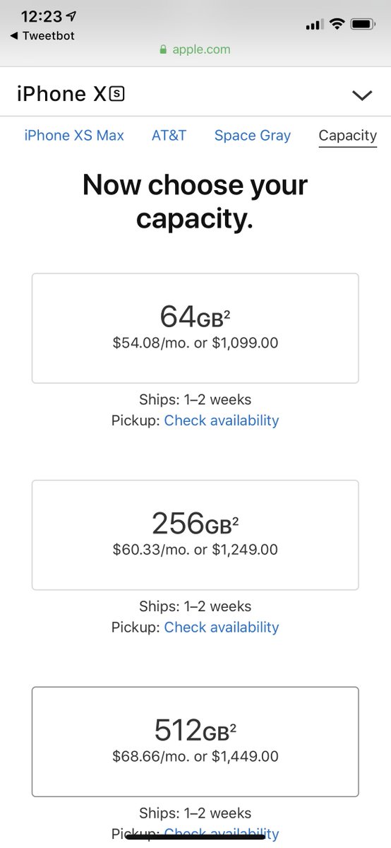 JBrandonPowell's tweet image. As of 12:20p CST all #iPhoneXsMax options are showing ships in 1-2 weeks. I’m kind of surprised. I think with the X they were back ordered to Nov at this point. #applepreorder #newiPhones #Apple