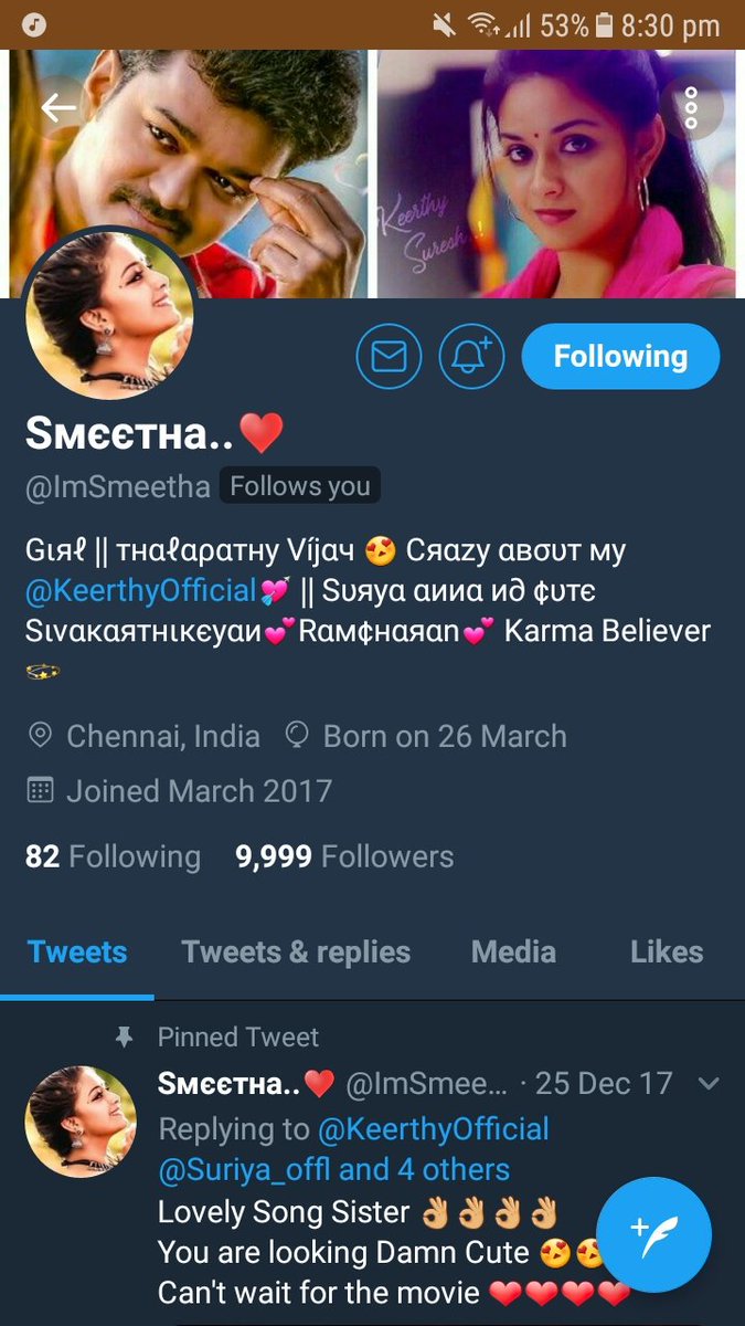 GmFarook_2's tweet photo. @ImSmeetha Congrats 😍😍😍
9.999 Followers keep Rocking Lot More to Come #smeetha 😍😍😃
Just 1 Followers 10K Followers mass Vera level smeetha 😍😍😉 https://t.co/7wSRUJ60Tm