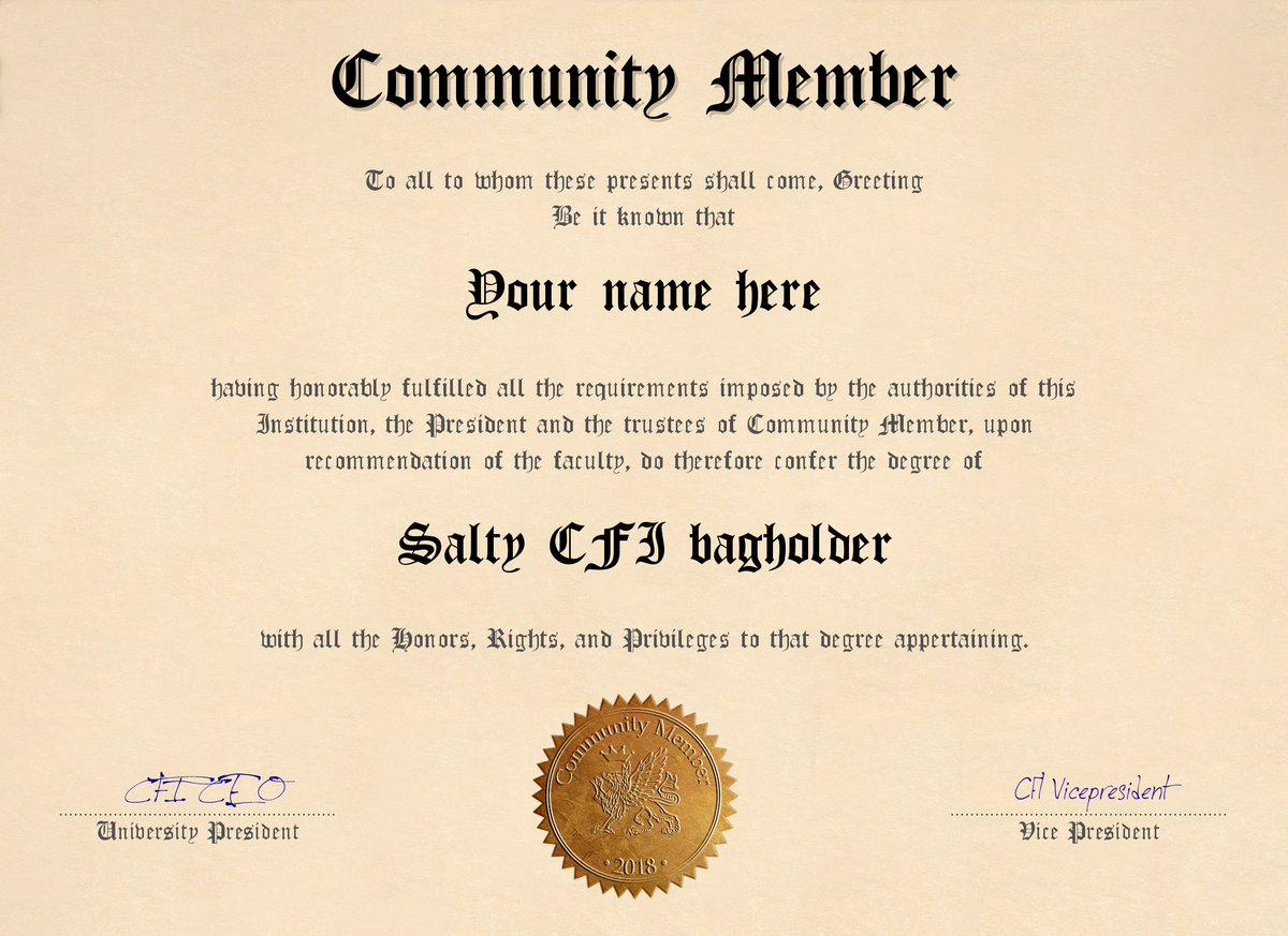DJX_BTC's tweet photo. Everyone! Thank you for hodling CFI to death!. That makes you a proud community member of the CFI community. Please download this, customize it with your name and print it on your wall. You made it!  $CFI @cofound_it #cofoundit #crypto #bitcoin https://t.co/wyYcNbOAJg