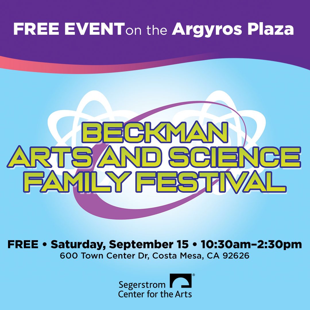 Join us tomorrow for FREE entertainment and hands-on activities for the curious of all ages! The Beckman Arts and Science Family Festival will be held at the Julianne and George Argyros Plaza @SegerstromArts from 10:30 AM – 2:30 PM. #SCFTA #ArgyrosPlaza #HeartoftheCenter