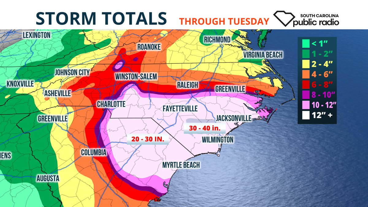 columbiascbuzz's tweet photo. Updated Storm TOTALS forecast for #Florence:  

- Heaviest (30-40") will fall between #Fayetteville and #Wilmington.
- Second max (20-30") east of #Columbia toward #Florence.

#scein #scwx #ncwx https://t.co/xQh2jso2eS https://t.co/CefsIGxgUo