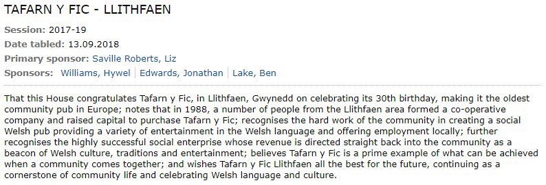 LSRPlaid's tweet image. Wedi cyflwyno Cynnig Seneddol yn San Steffan ar ran @Plaid_Cymru yn llongyfarch @tafarnyfic #Llithfaen ar eu penblwydd yn 30 oed! 

#Llithfaen #TafarnGymunedol 🏴󠁧󠁢󠁷󠁬󠁳󠁿🍻