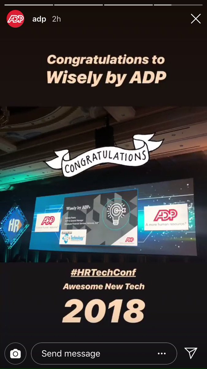 A big CONGRATS to <a href="/ADP/">ADP</a> for the Awesome New Technology award win today at HR Tech for the Wisely by ADP app. #HRTechConf