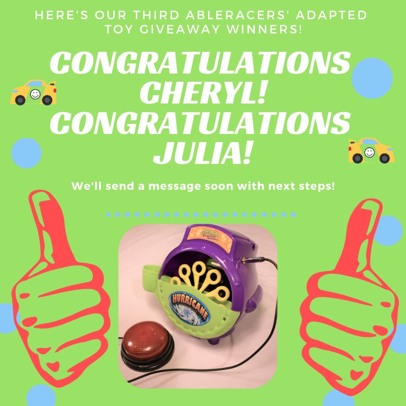 AbleRacers's tweet photo. Congratulations Cheryl and Julia! You are our third AbleRacers' Adapted toy #giveaway winner! We will send you a message later today with next steps. We will announce the next winners at 2pm today! #AdaptedToys #Disabilities #SpecialNeeds #InclusiveToys #KidsJustWantToHaveFun https://t.co/jCxgR57yIM