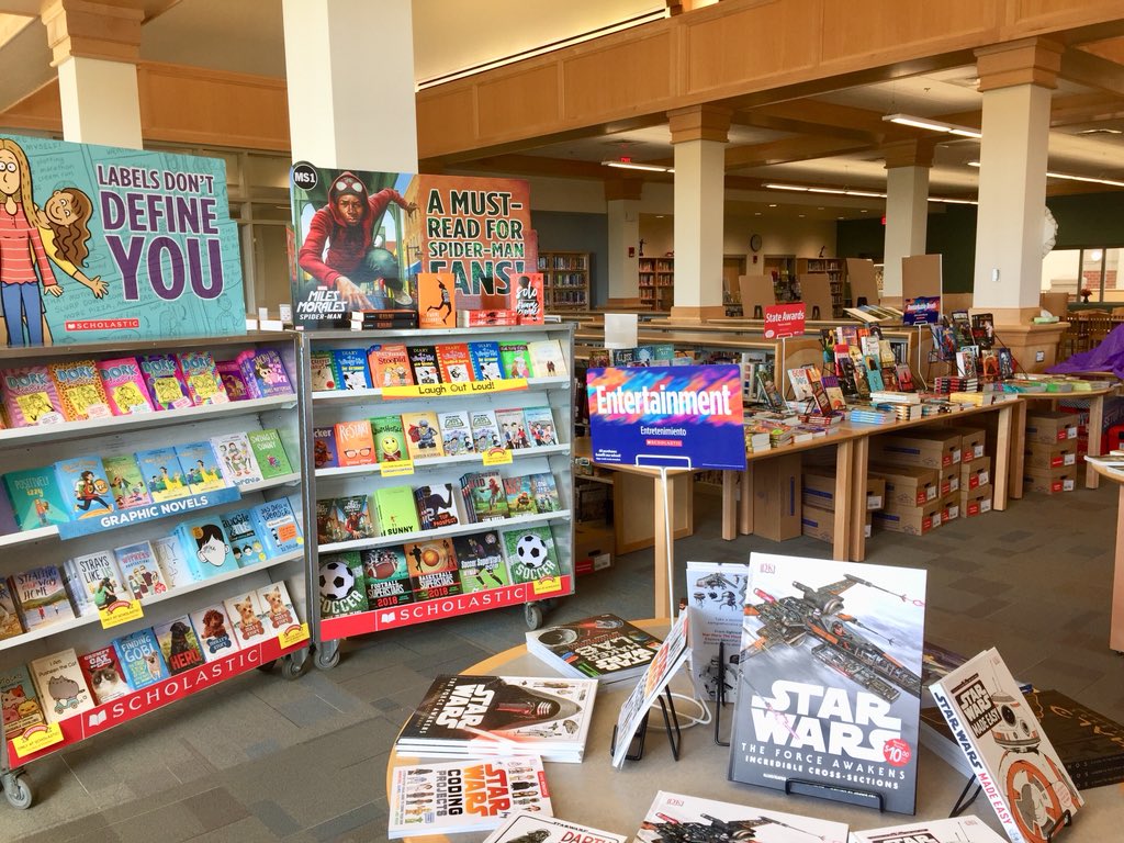 Duxlibrary02332's tweet photo. The #DMSbookfair is all set up and ready for Monday morning. See you in the library. https://t.co/PapYkyA7cj