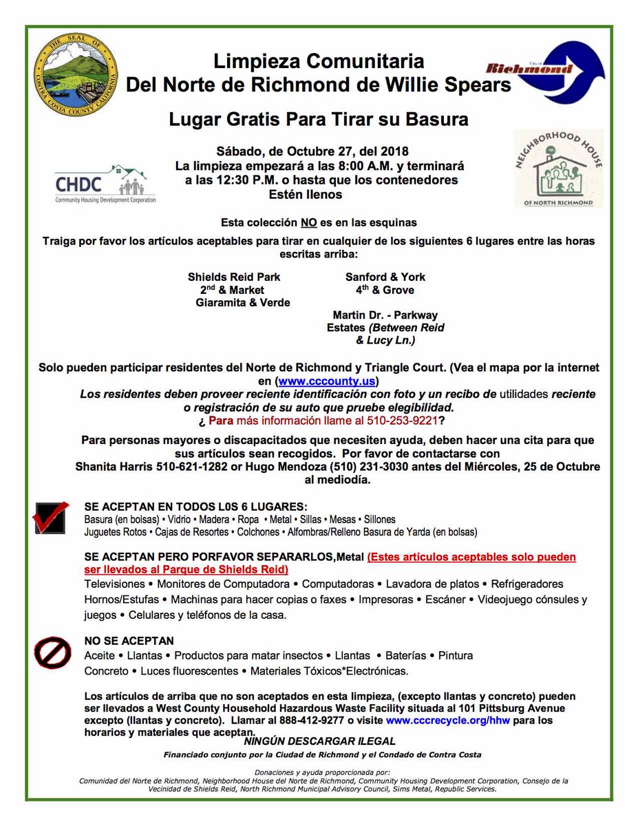 roberthrogers1's tweet photo. Willie Spears North Richmond Community Clean Up
**Free Disposal Drop Off**
Saturday, October 27, 2018
Clean Up Begins at 8:00 A.M. &amp;
Ends at 12:30 P.M. or When Dumpsters Are Full @CHDCBayArea @supejohngioia @RepublicService @RichmonStandard @HealthyRichmond https://t.co/AZk9GqM1Pu