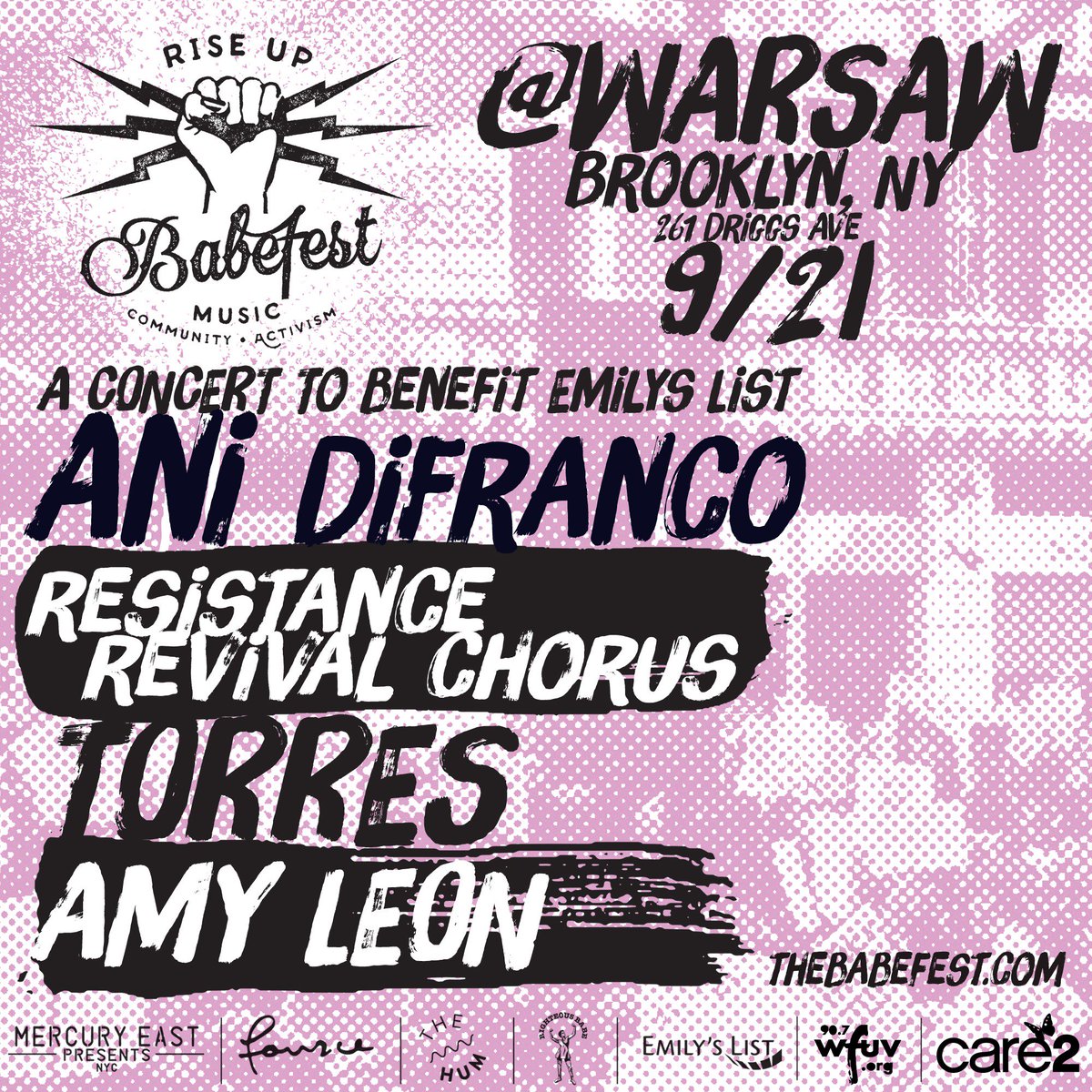 Rise up, show up + help elect pro-choice Democratic women at this years <a href="/thebabefest/">Babefest</a>! at Warsaw in Brooklyn next Fri 9/21! Show benefits <a href="/emilyslist/">EMILYs List</a> and features performances from @AniDiFranco, @resistancerev, <a href="/torreslovesyou/">TORRES</a>, &amp; @amydelilahleon. ⚡️ Tix: thebabefest.com