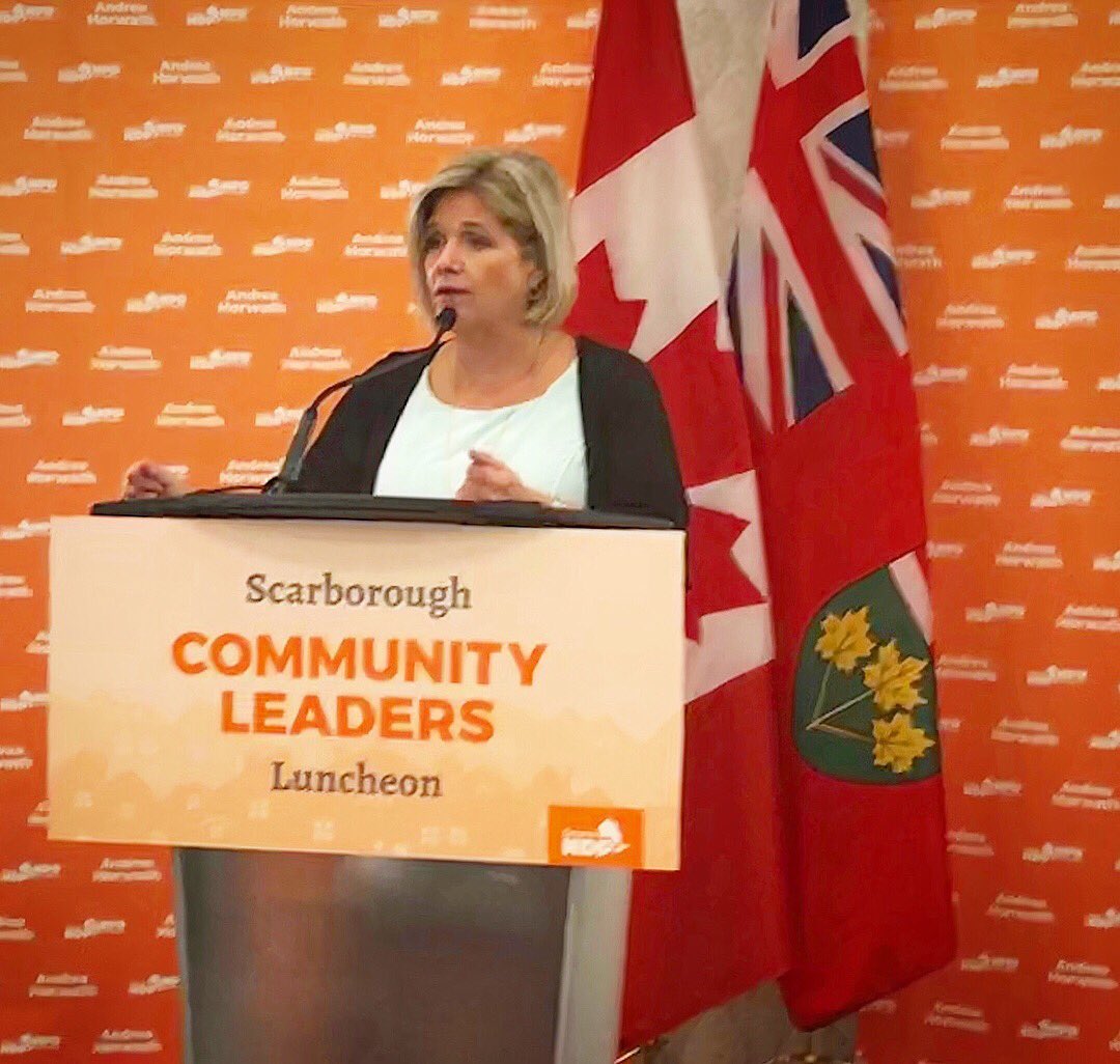 AndreaHorwath's tweet photo. Honoured to address community leaders in Scarborough — a place that holds the promise of a better life for so many. 
People here and across Ontario are worried about rising housing costs, auto insurance &amp; hydro bills — while Ford pursues his backwards agenda. 
We can do better. https://t.co/f1di70ECvu