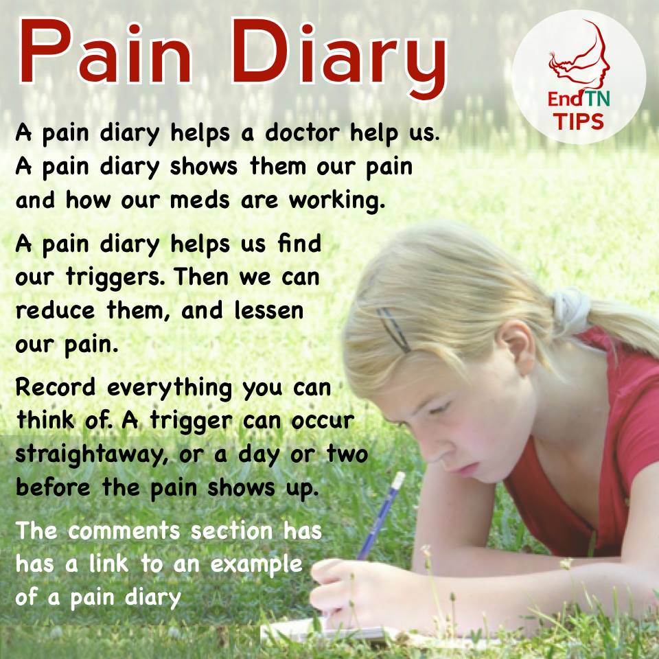 Keep a pain diary. This can help teach you triggers and can also help your doctor see exactly what's going on, so can help with the diagnosis.
#TrigeminalNeuralgia 
facebook.com/endTrigeminalN…