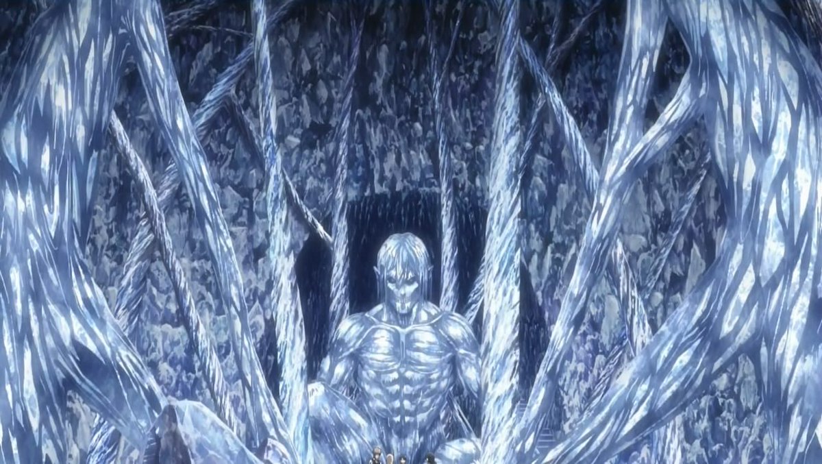 Aranime 進撃の巨人 Season3 45話 オルブド区外壁 巨人の硬質化により巨人化 したロッドから調査兵団の面々を守ったエレン しかしロッドは壁に向かい暴走する エレンが硬質化ががとっても美しかった 暴走する巨人ロッドの姿は気持ち悪く 覚悟