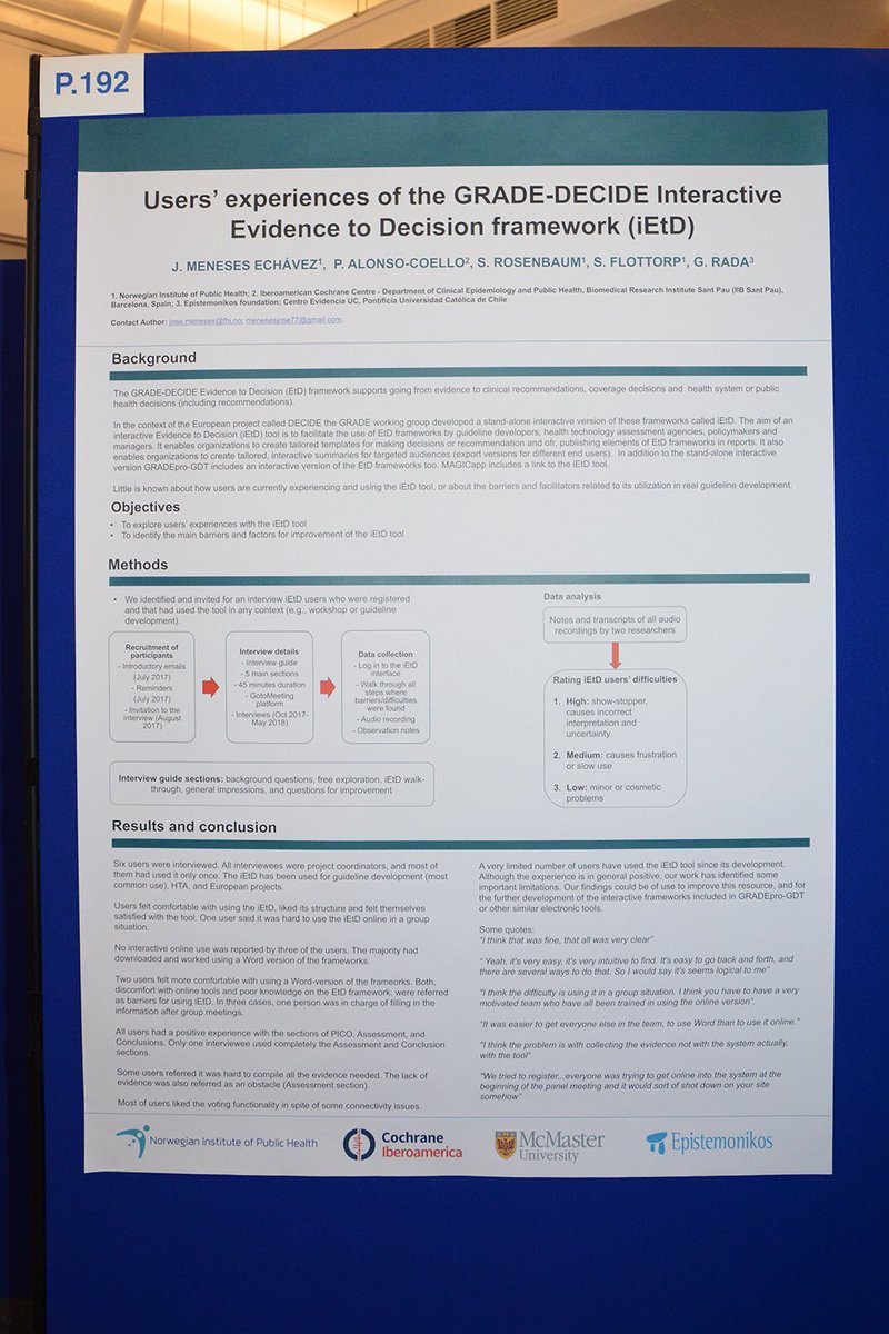 epistemonikos's tweet photo. “Users’ experiences of the GRADE-DECIDE Interactive Evidence to Decision framework (iEtD)” - this is the title of the #GIN2018 poster (P. 192) in which our Chairman @radagabriel is a co-author. In the picture: author @JoseMen96736566 @Folkehelseinst. @GINConference https://t.co/cRWwTFcsxA