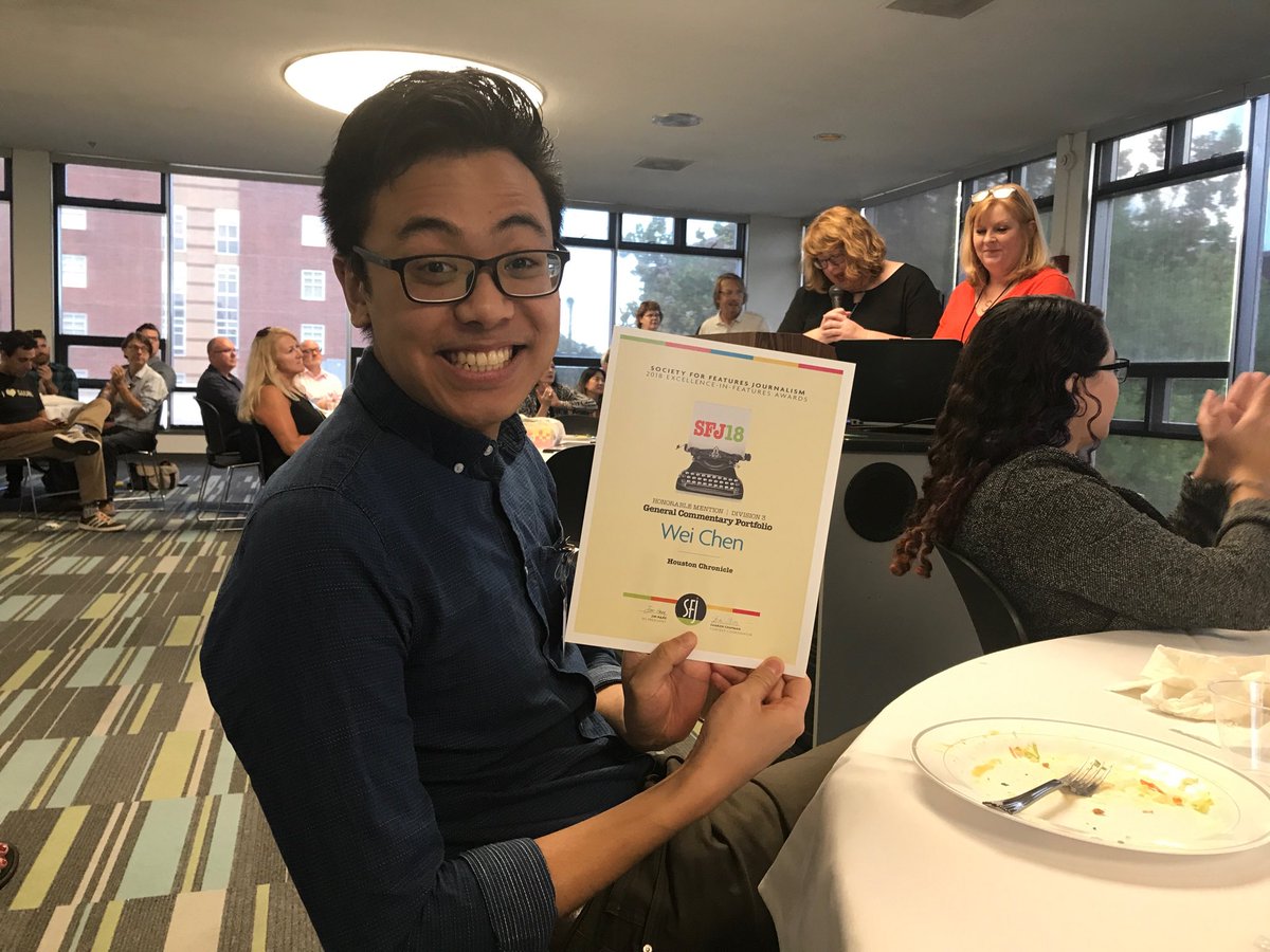 debvankin's tweet image. ⁦@weihuanchen⁩ accepting his  ⁦@WeAreSFJ⁩ award in New Orleans — celebration to come tonight! #featureswriting