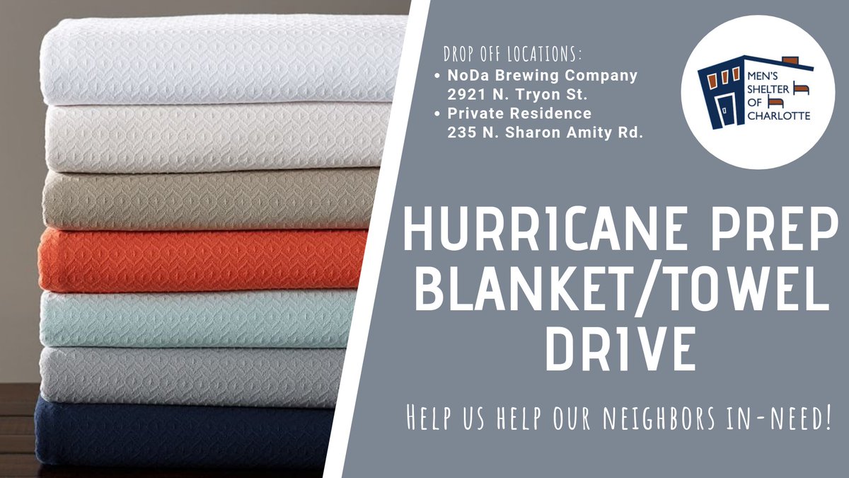 Our neighbors at @CLTMensShelter have already increased their capacity by 100 beds due to #HurricaneFlorence! Please help our friends in-need by dropping new blankets and towels in the tap room tonight and over the weekend. 

Full drive details: bit.ly/2CYkTsc.