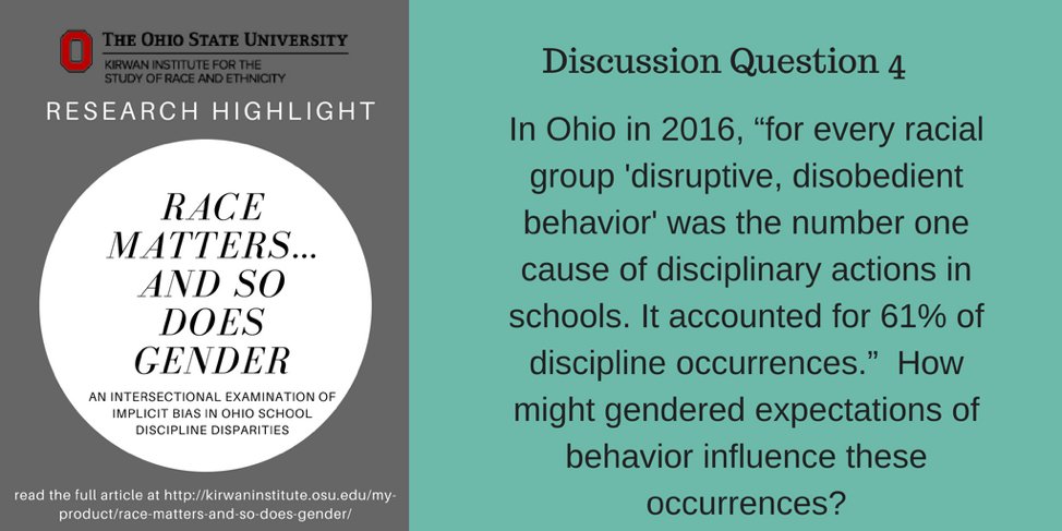 KirwanInstitute's tweet image. We're gonna wrap up today's #booknotbias chat up today with #Question4: How might gendered expectations of behavior influence the 61% of #schooldiscipline occurrences where 'disruptive, disobedient, behavior' was the #1 cause?