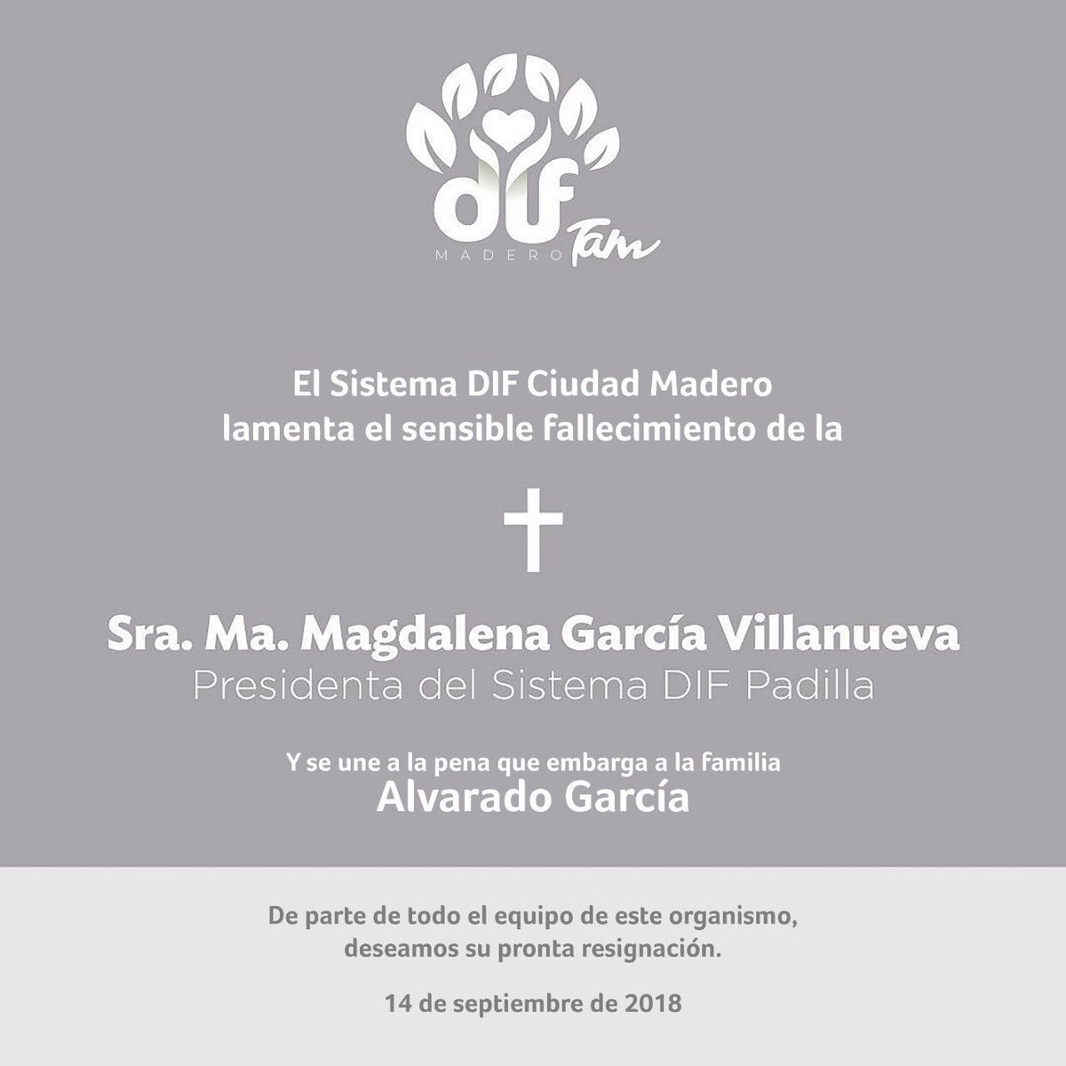 difcdmadero's tweet photo. La familia DIF Cd. Madero se une a la pena que embarga a la familia a Alvarado García por el 
fallecimiento de la Sra. Ma. Magdalena García Villanueva, presidenta del Sistema DIF Padilla. Que descanse en Paz. https://t.co/gNOxgHmED3