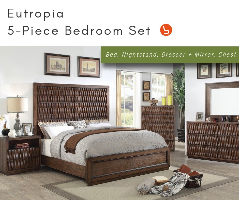 bulkeastore's tweet photo. Mesmerizing wood detailing make the Eutropia 5-Piece Bedroom Set refreshingly rustic: https://t.co/nJwTHcvxhH #furniture #losangeles #sandiego https://t.co/n8CJoaQ02V