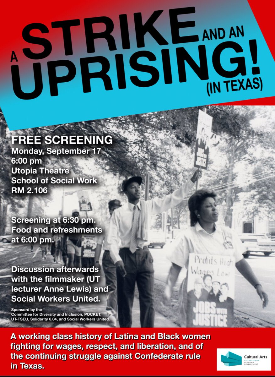 utexasswc's tweet image. Join us for a FREE exclusive screening of A Strike And An Uprising! (In Texas) followed by an discussion with Anne Lewis, the filmmaker. Attend and examine the working class history of Latina and Black womyn during Confederate rule in Texas. We'll see you there!