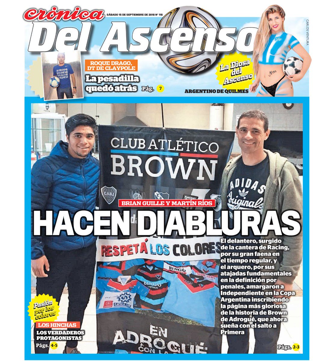 cronicascenso's tweet photo. Atención Adrogué. Mañana en el Suplemento del Ascenso que acompaña al @cronica nota con Martín Rios y Brian Guille, quienes rememoran el enorme triunfo de Brown sobre Independiente por @Copa_Argentina. Por @@FerM_Gutierrez @Brownpasion @CABrown_Oficial @camareromartin https://t.co/UJOPjMVE2U