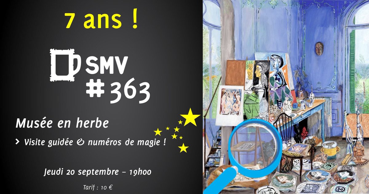 [#musées] Le jeudi 20 sept.
Prochain, les #SMV et le <a href="/legroupeSMV/">1Soir 1Musée 1Verre</a> fêteront leur sept ans d’existence au <a href="/museeenherbe/">Musée en Herbe</a> ! Un concept que j’avais co-créé avec <a href="/krismkrolls/">Kristel Fauconnet</a> et qui a toujours autant de succès !
Inscrivez-vous : facebook.com/events/7013203…
#SMV7ANS #SMV363