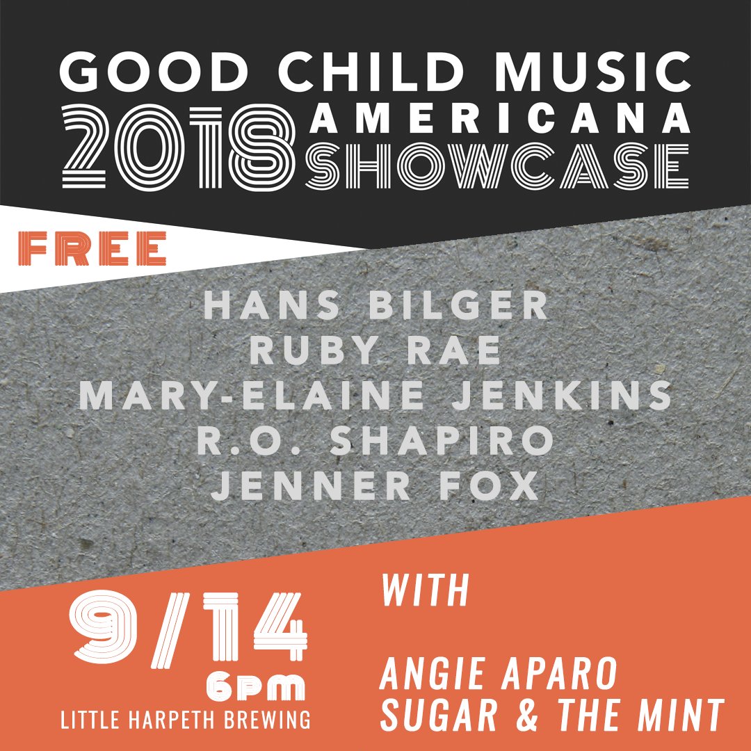 Nashville! Tonight is the inaugural Good Child Music Americana Showcase feat Mary-Elaine Jenkins, Ruby Rae, Hans Bilger, R.O. Shapiro, &amp; Jenner Fox. 6pm, Little Harpeth Brewing with special guests <a href="/AngieAparo/">Angie Aparo</a> &amp; Sugar &amp; The Mint. Info: buff.ly/2p86FLJ