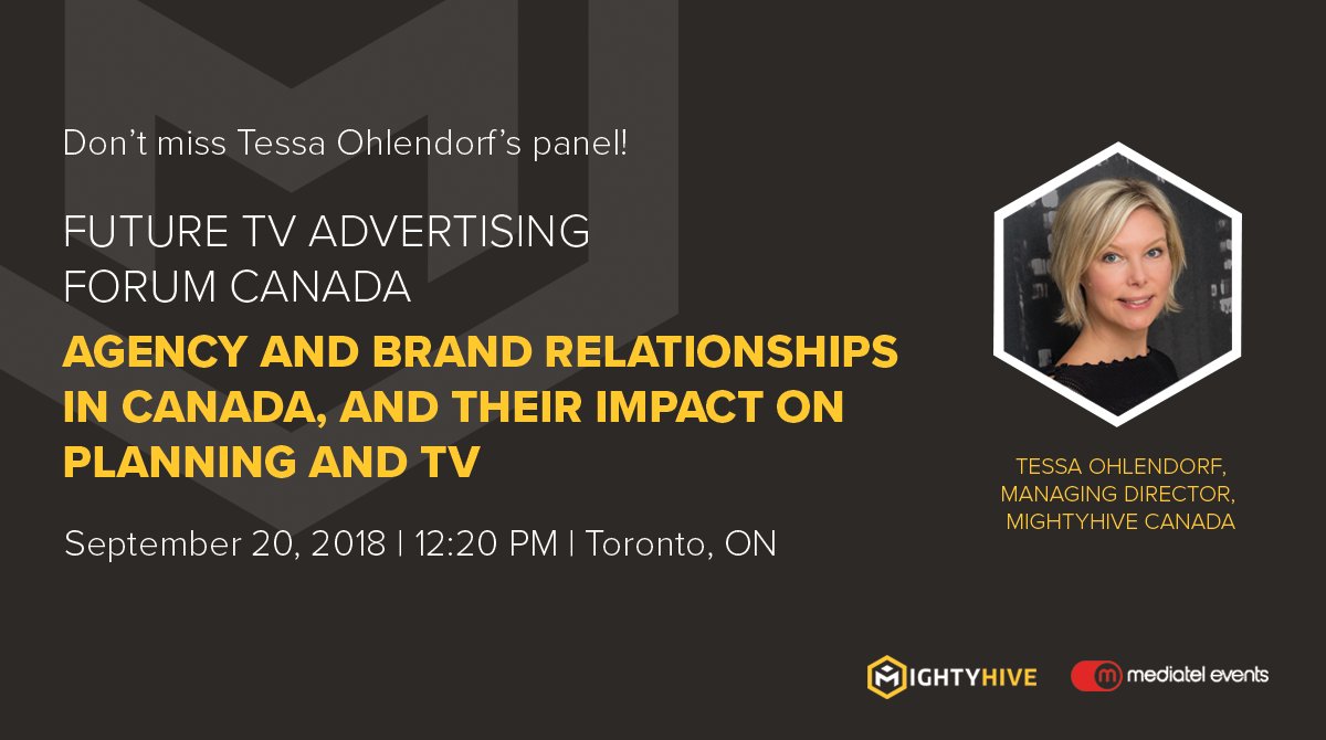 mightyhive's tweet photo. Join MightyHive's @TessaOhlendorf at the Future TV Advertising Forum for a discussion on the evolution of TV buying in Canada in Toronto on Sept. 20 with Le Riche Argent, @mccainfoods, @Operative_Media, @_mediaexperts & @ToyotaCanada + @lexuscanada https://t.co/VcrkWLlISP #FTVCA https://t.co/2A2vwIfA5p