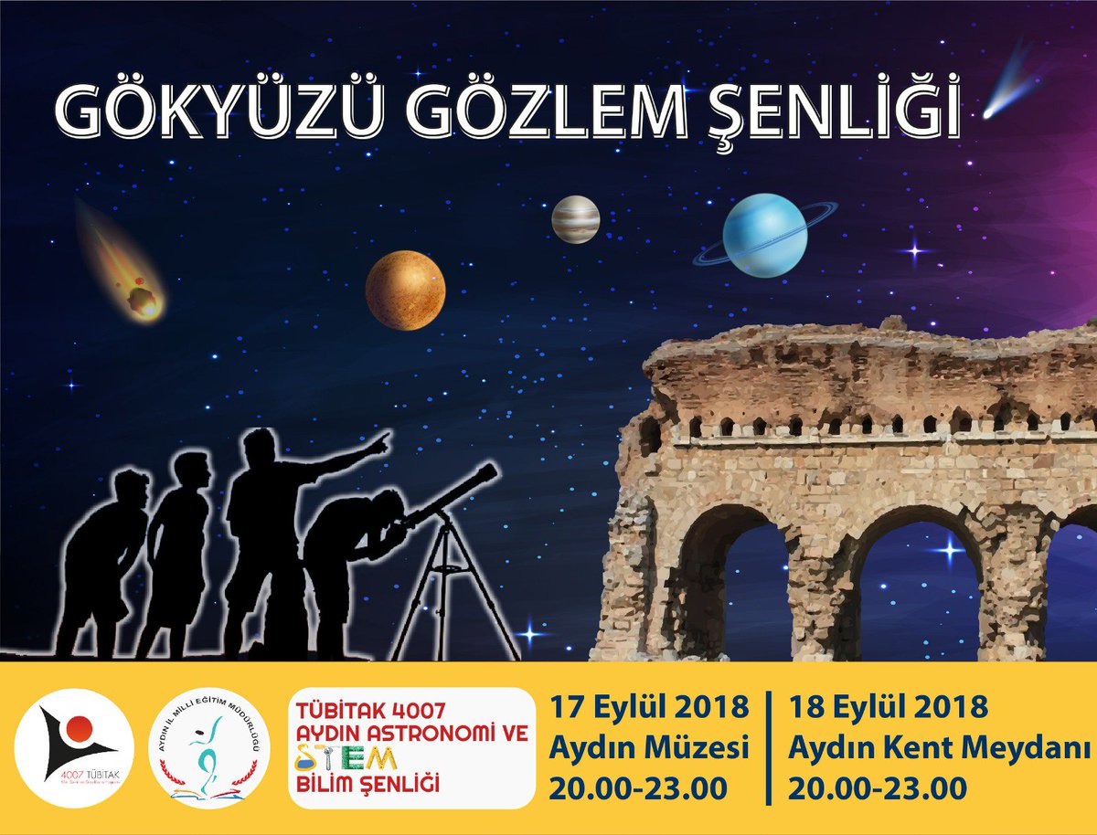 Aydın Astronomi ve STEM Bilim Şenliği ...Aydın'da İlk Kez..
Yeni eğitim öğretim yılına dev organizasyonla merhaba diyoruz..
440 bilim atölyesinde 50.000 e yakın ziyaretçi ve Türkiye' nin en büyük 6 teleskopu ile şenliğimiz başlıyor..
<a href="/bycandiroglu/">Bilal Hoca</a>   <a href="/ziyaselcuk/">Ziya Selçuk</a>
@STEMaydin