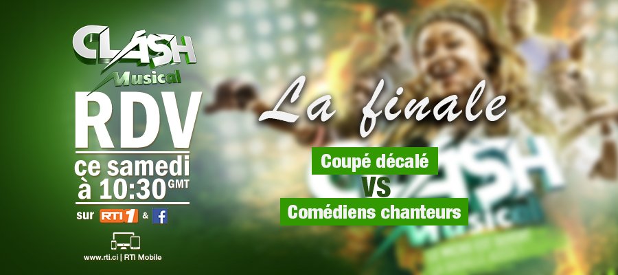 RTIOfficiel's tweet photo. #ClashMusical La grande finale... #Comédienschanteurs vs #CoupéDécalé ! A votre avis qui sera le grand vainqueur? Rendez vous ce Samedi à 10h30 sur RTI 1, sur RTI Mobile et sur notre page facebook #RTIGROUPE pour suivre la le choc. @DidierBleou https://t.co/pVBDRnvUKe