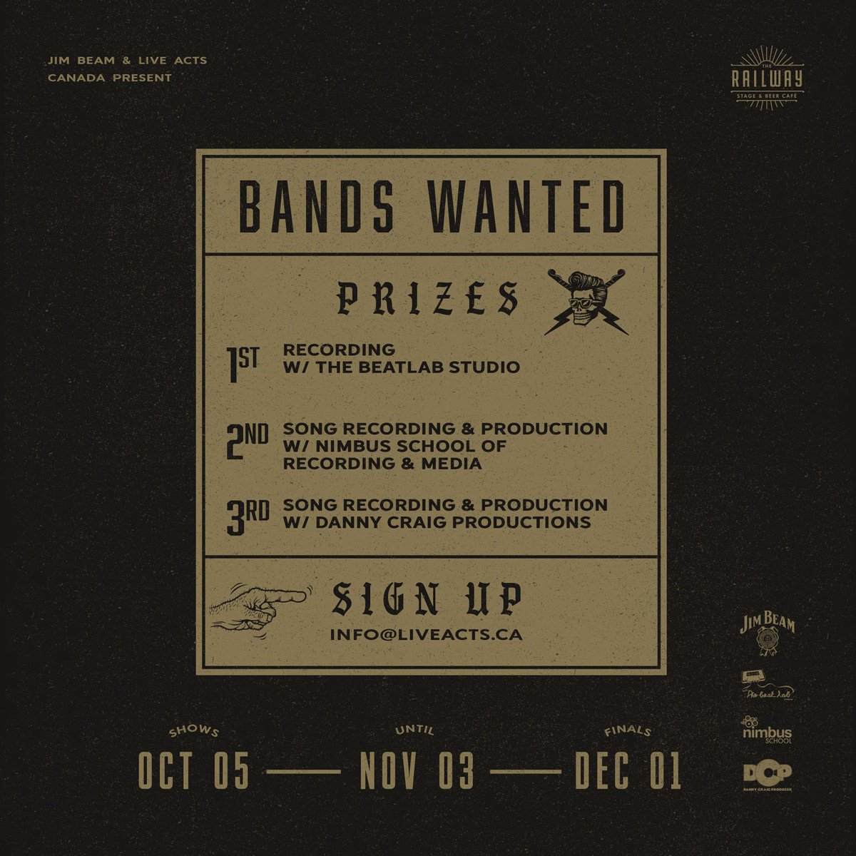 Bands wanted. Show us what you’ve got for this year’s <a href="/liveactscanada/">Live Acts Canada</a> Best in Vancouver competition and your band could record with one of our sponsors.
Email info@liveacts.ca to enter.
Sponsored by <a href="/JimBeam/">Jim Beam</a>, <a href="/beatlabstudio/">The Beat Lab Studio</a>, <a href="/NimbusRecording/">Nimbus School of Recording & Media</a> and Danny Craig Productions.