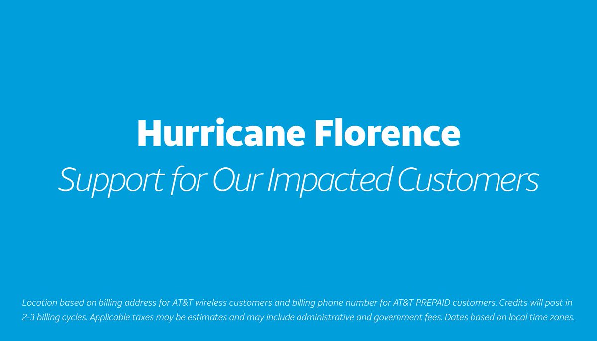 ATT's tweet photo. We're sending thoughts of continued safety for our customers &amp; everyone affected by #HurricaneFlorence. Calls, texts and data overage fees for affected areas will be waived. For more details visit: https://t.co/Q4ILS5qdro https://t.co/xSuGho9aZk