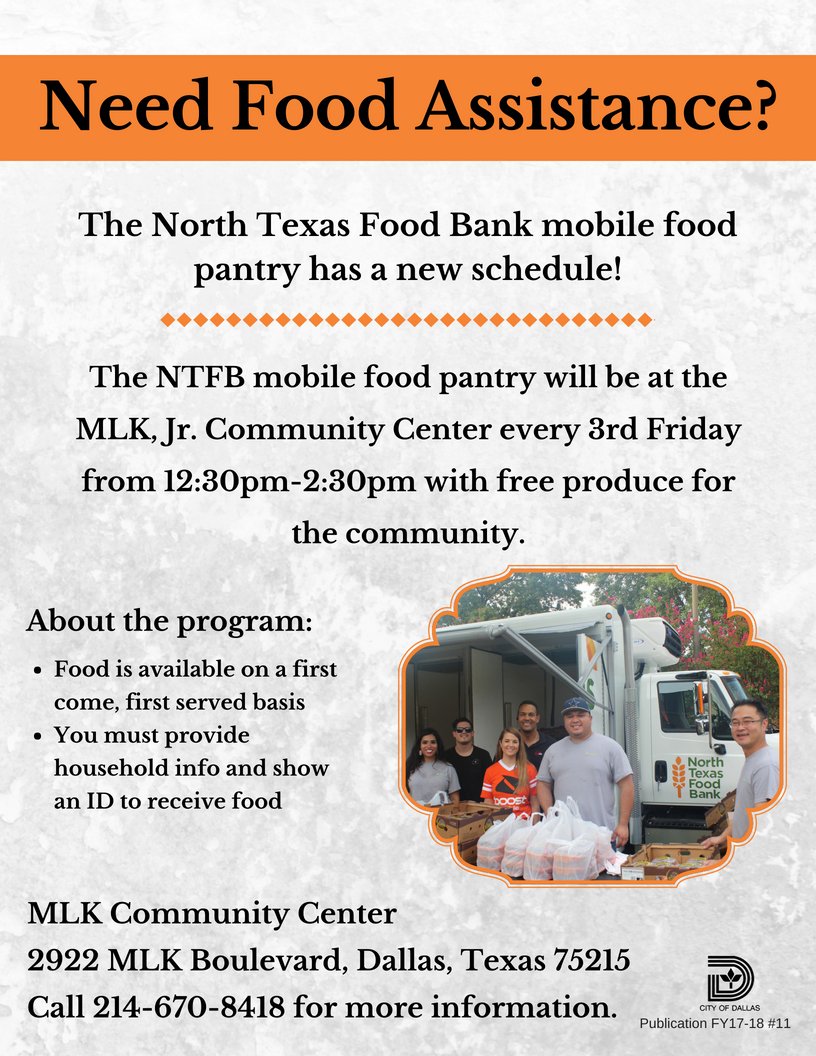 MLKCCDallas's tweet photo. Need food assistance? The #NTFB mobile food pantry will be at #MLKCCDallas again on September 21st from 12:30pm to 2:30pm. https://t.co/8LwIehd1uX