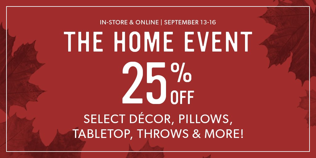 Refresh your space for fall! Shop now and save 25% OFF select Décor, Pillows, Tabletop and more. In-store and online. September 13-16. While quantities last. indig.ca/01mjiF