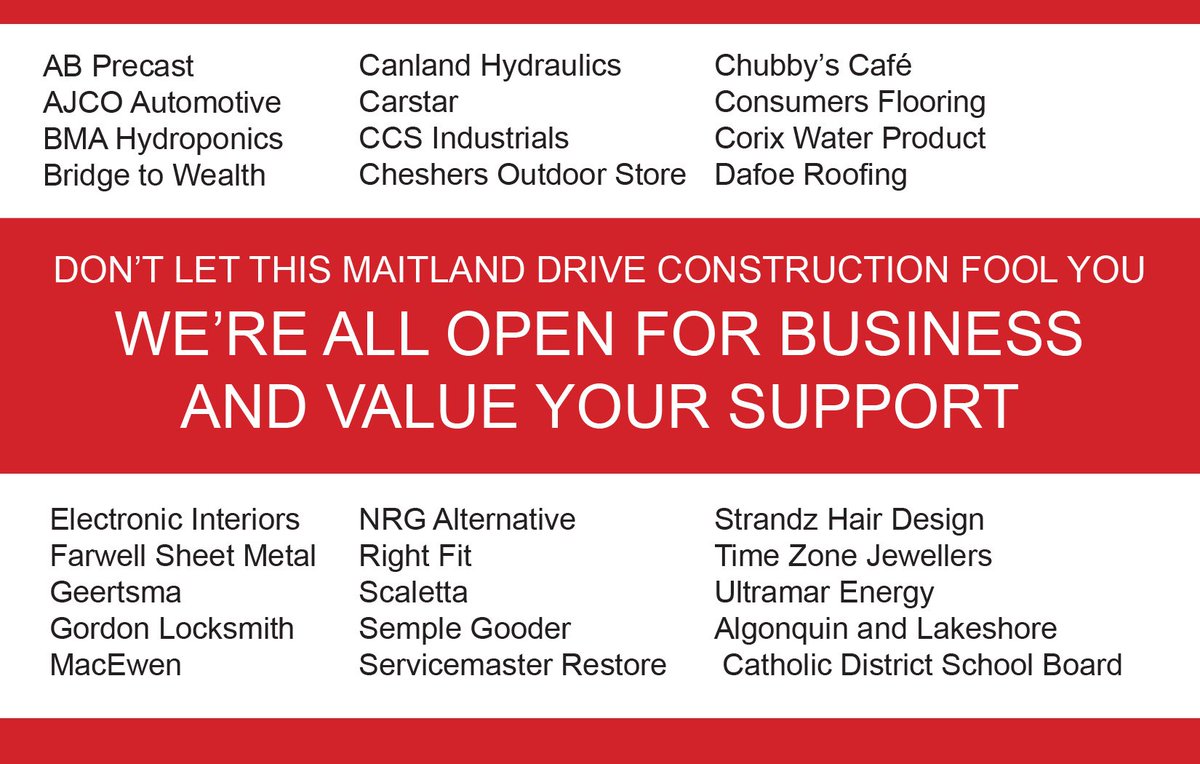 BellevilleON's tweet photo. As progress is made through construction on Maitland Dr. &amp; surrounding area, a group of businesses continue to open their doors as usual. During this challenging time let's show our support &amp; appreciation for the services they provide our community. #BellevilleON https://t.co/0PQUlnmiq6