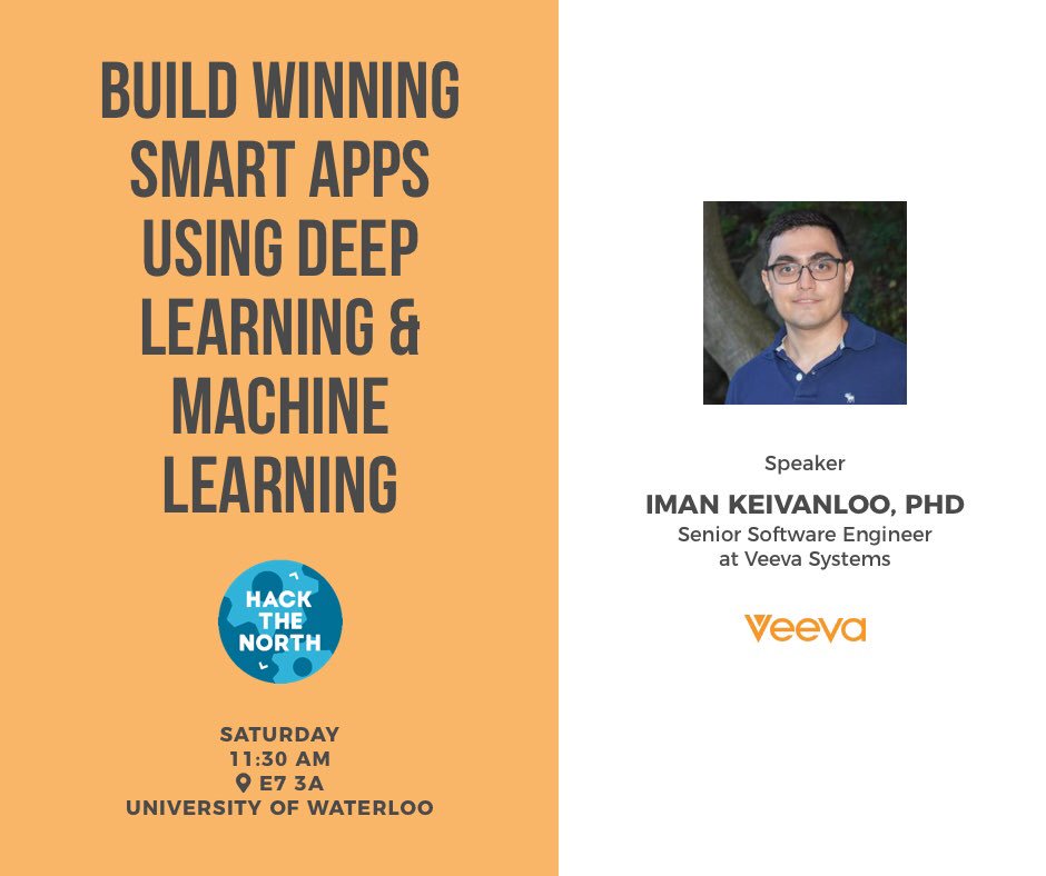 VeevaCareers's tweet photo. #HackTheNorth you don’t want to miss @veevasystems tech talk on #MachineLearning and #DeepLearning by our very own @keivanloo https://t.co/2r0TxhmpCR