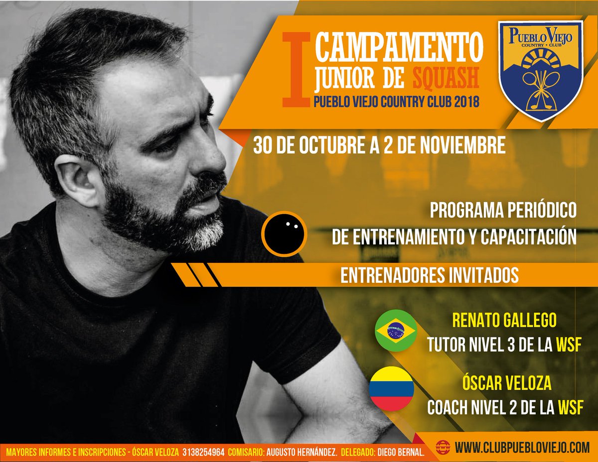 I Campamento Junior de Squash del 30 de octubre al 2 de noviembre en Pueblo Viejo Country Club con el Coach internacional nivel 4 y tutor nivel 3 de la WSF  Renato Gallego. Mayor información inbox.