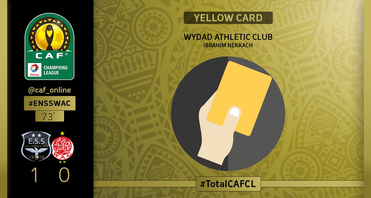 CAF_Online's tweet photo. BOOKING | Ibrahim Nekkach from Wydad Athletic Club receives a yellow card #TotalCAFCL #ENSSWAC https://t.co/Lr2YjdwLv7