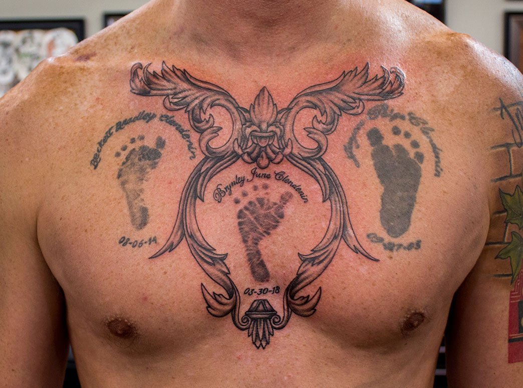 The Silver Key on Twitter: "Center footprint and beautiful filigree frame  tattoos done by Jesse Myers. (Other footprints not done by Jesse.  )#footprinttattoo #filigreetattoo #filigreeframetattoo #filigreeframe  #jessemyerstattoo #iowatattoo ...