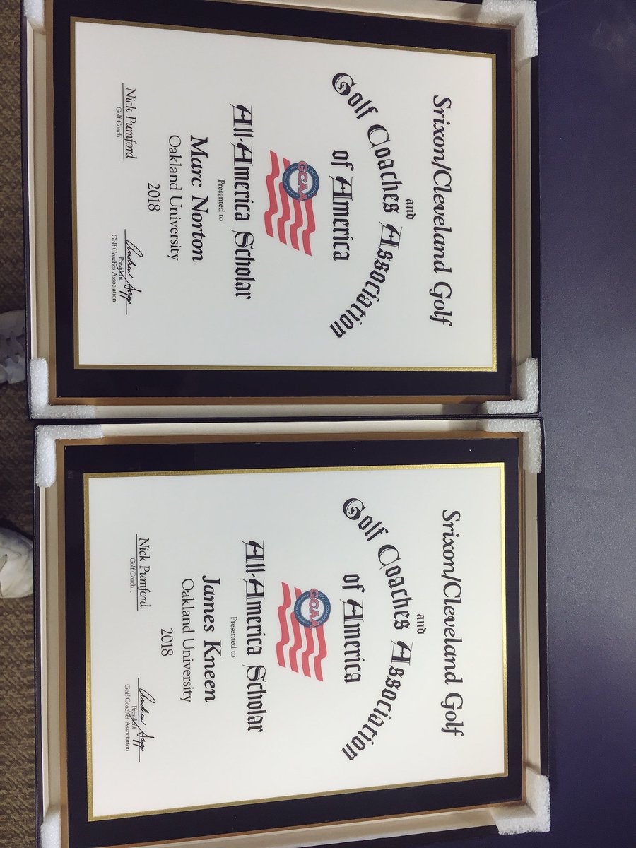 Npumford's tweet photo. It’s always a great day when these show up! @Kneener96 @marcnorton59 @HKerstner @GoldenGrizzlies #StudentAthlete #AllAmericaScholar #OaklandMGolf https://t.co/e68RKv22Bi